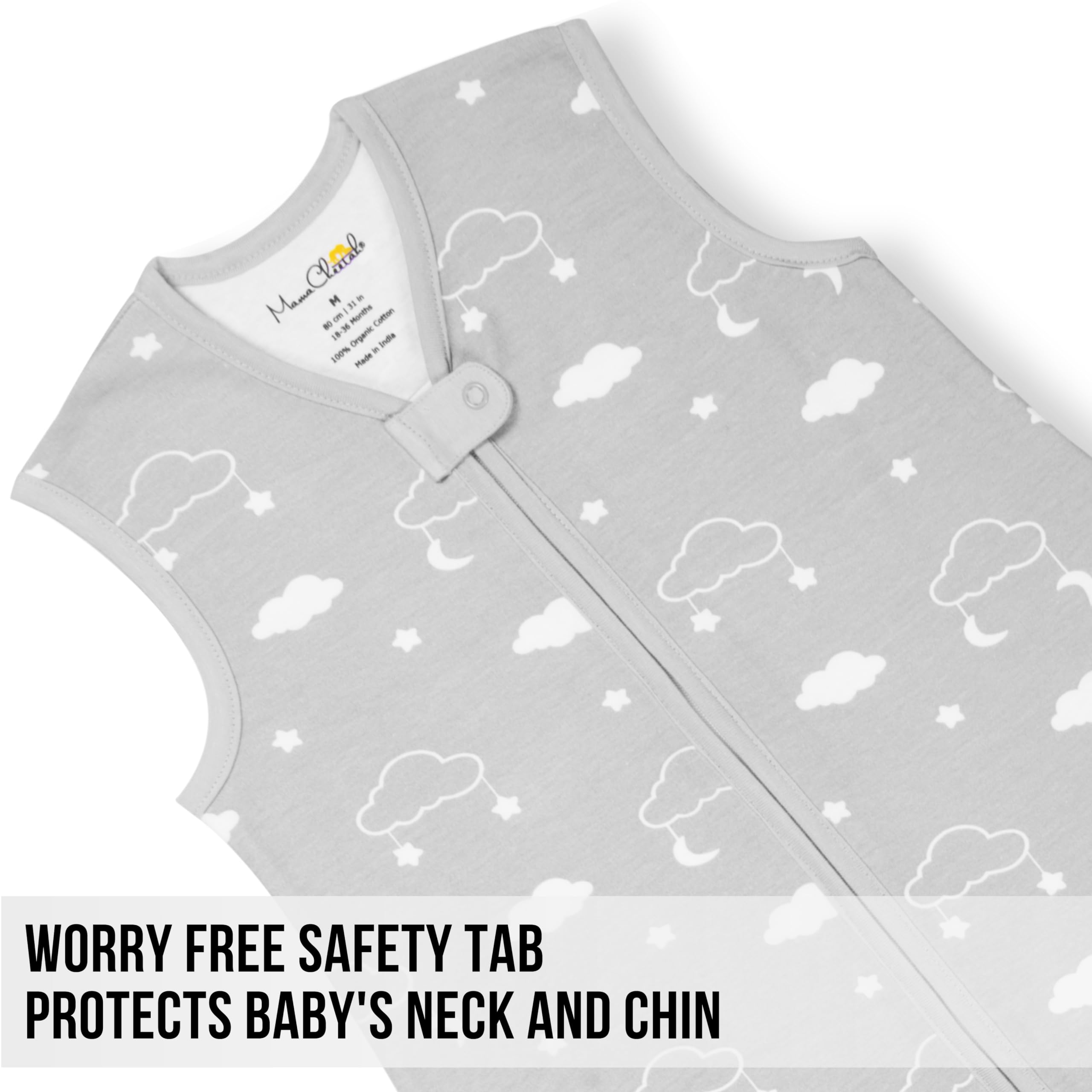 Bottom zipper cover on Mama Cheetah sleep sack prevents unzipping