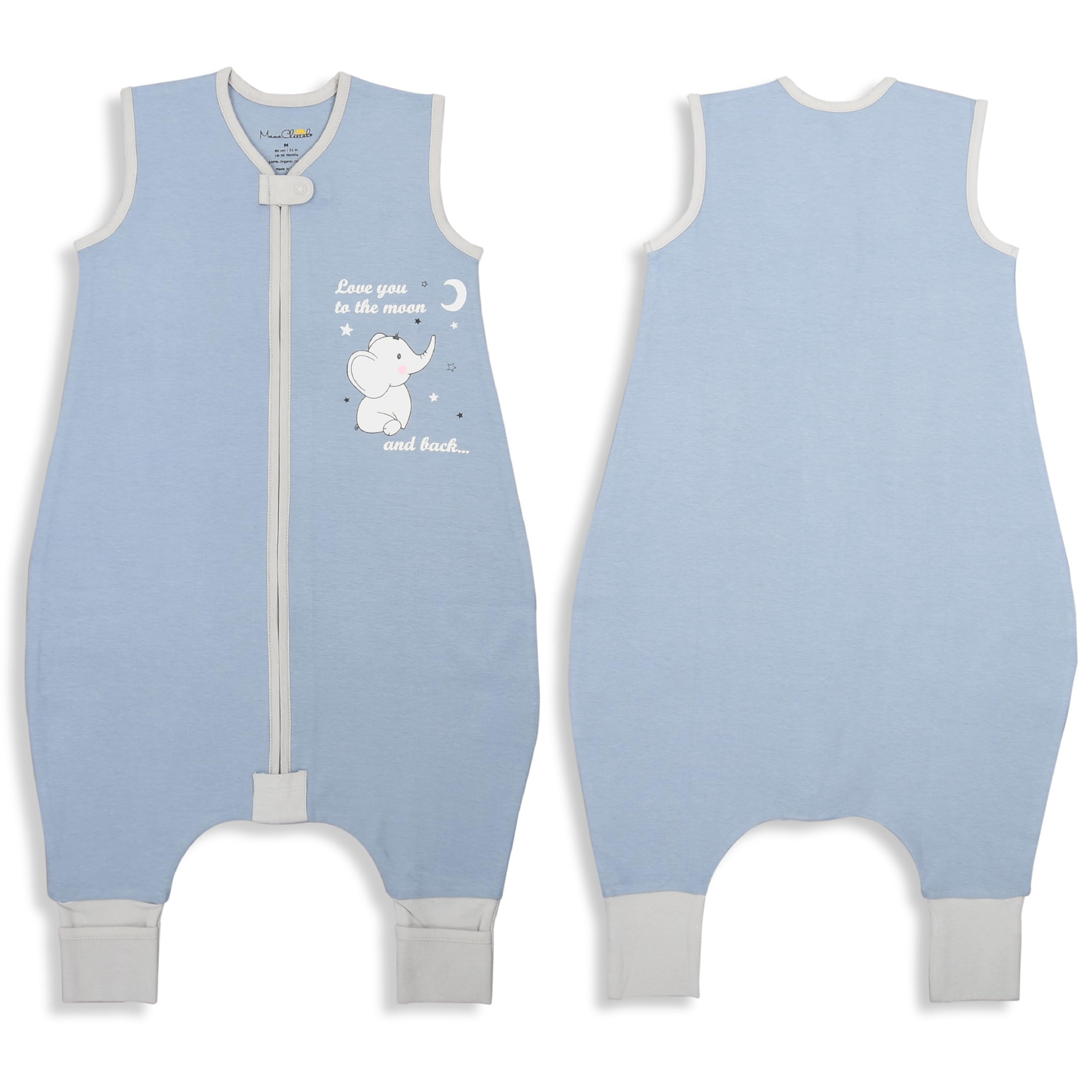 Mama Cheetah sleep sack with feet worn by toddler during nap.