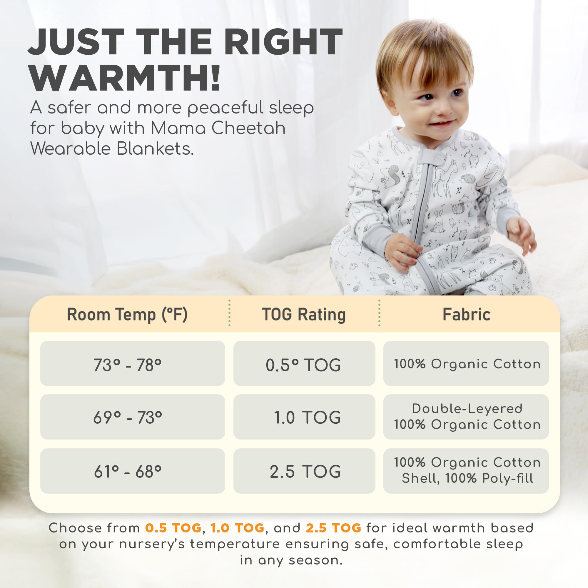 Mama Cheetah unisex sleepsack patterns suit both boys and girls.