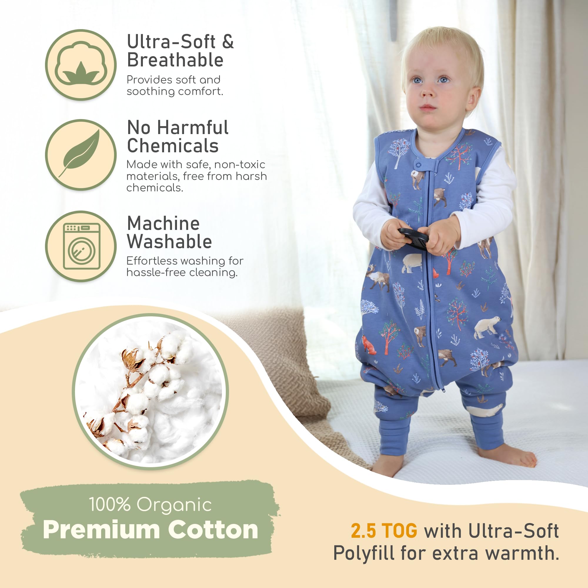 Mama Cheetah wearable sleep sack with feet featuring adjustable foot openings for mobility.