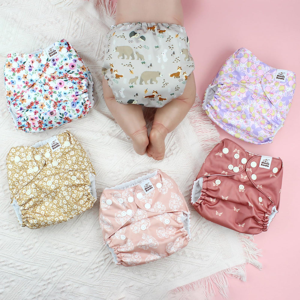 Mama Koala 3.0 pocket diaper six-pack laid out for easy washing