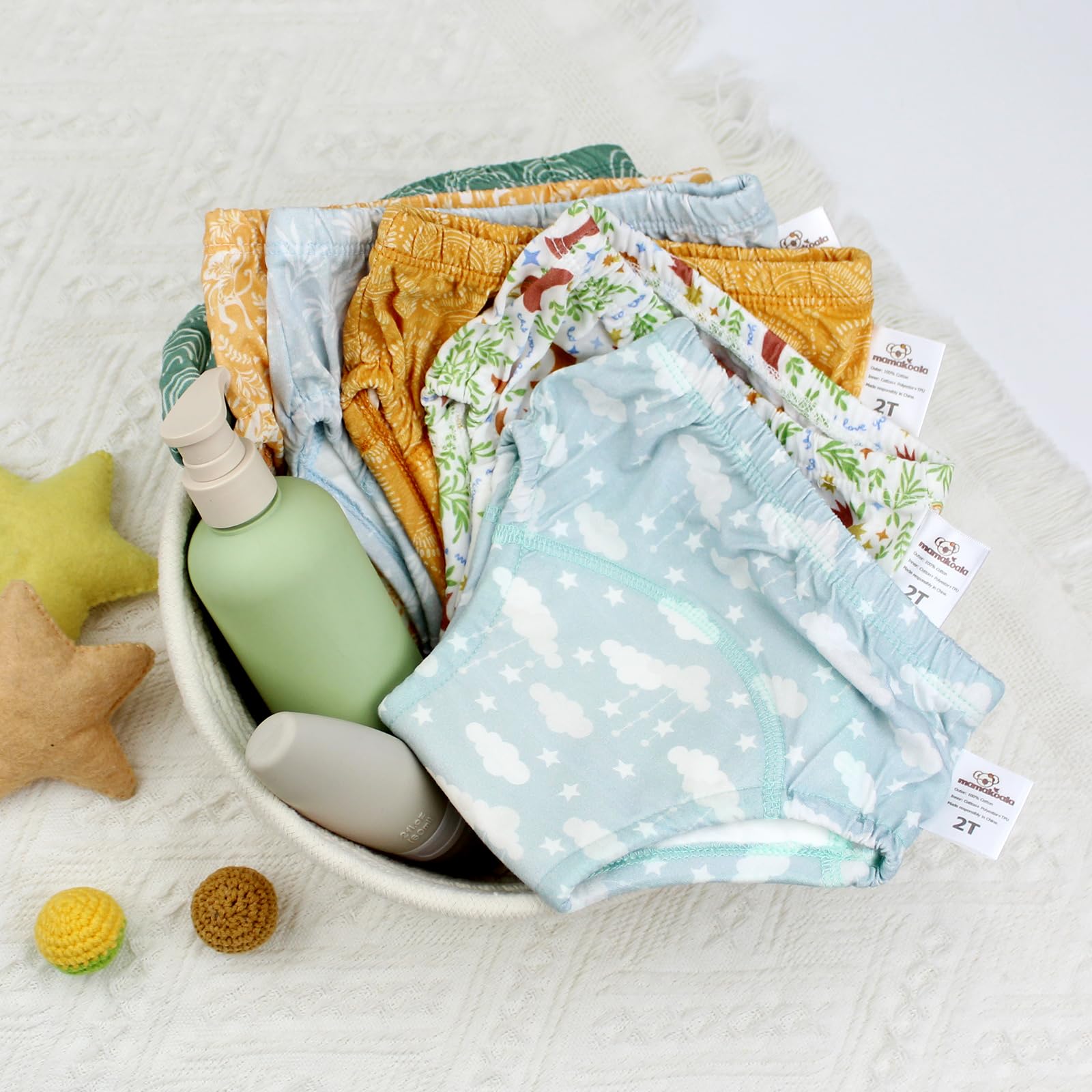 Mama Koala waistband image emphasizes gentle elastic waist for easy pull up and down.