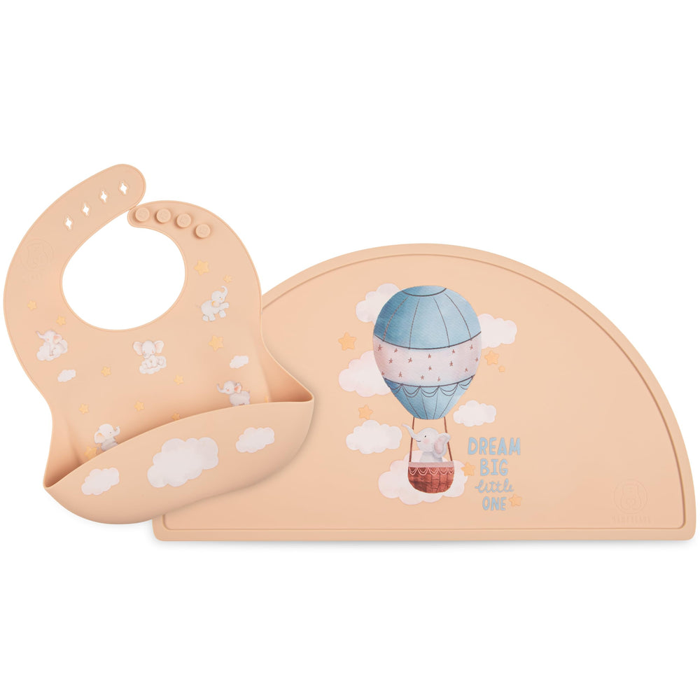 Mamabears silicone baby bib with blush pink elephants to keep clothes clean during meals