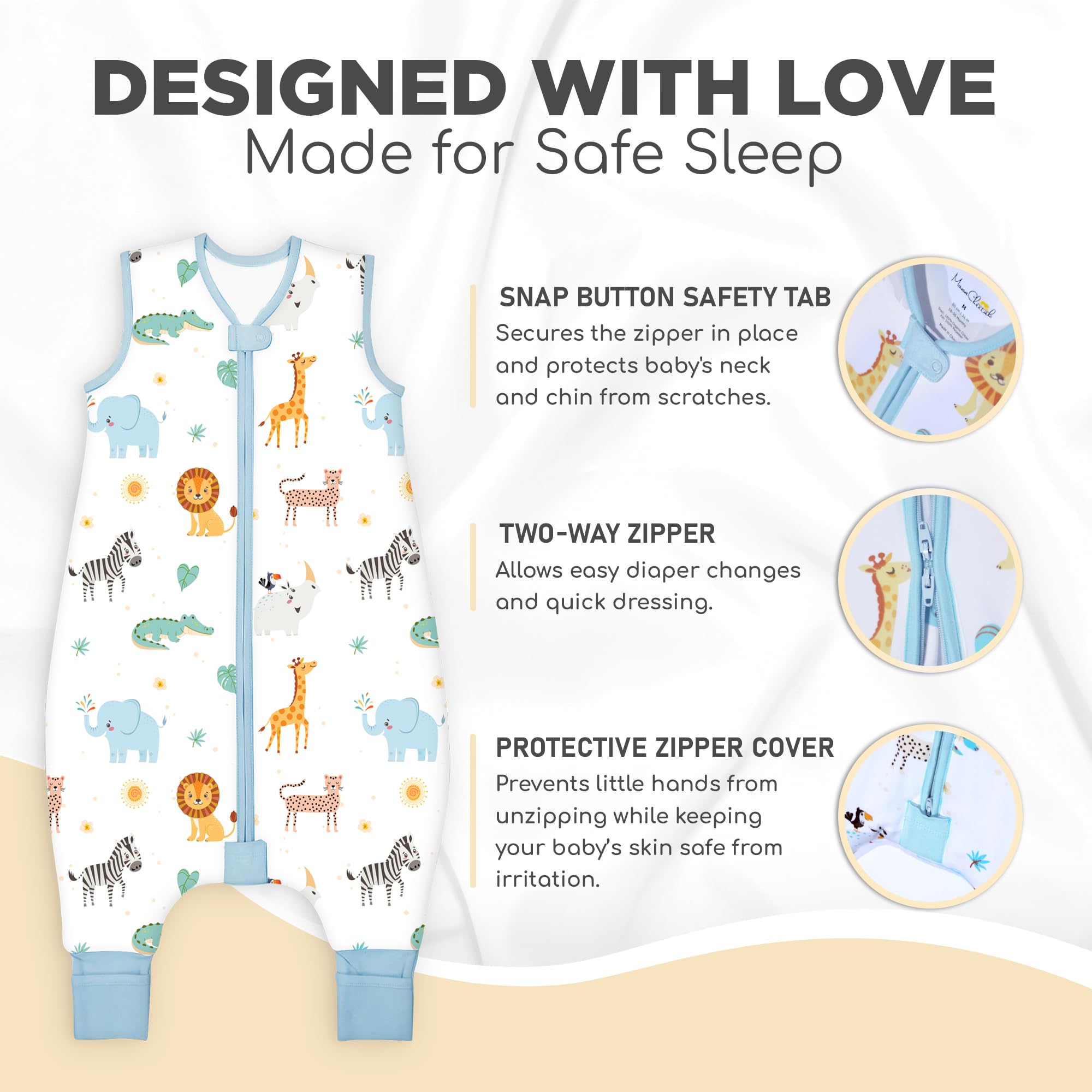 Mama Cheetah wearable blanket with legs, open design for kicking and movement.