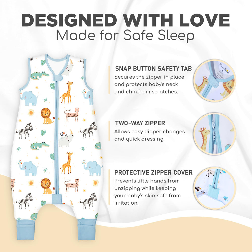 Mama Cheetah wearable blanket with legs, open design for kicking and movement.