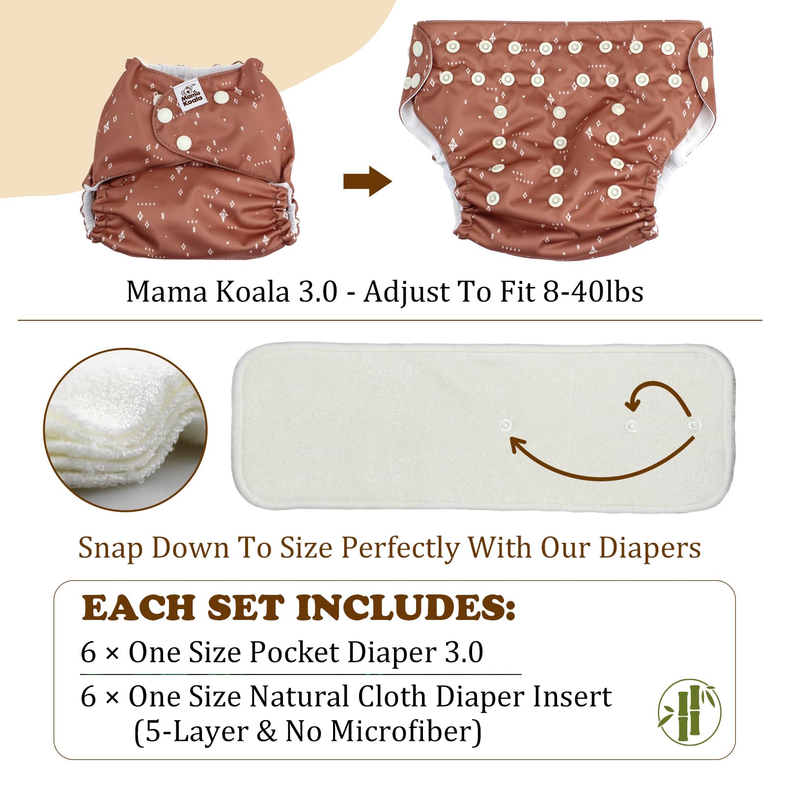 Rise snaps on Mama Koala 3.0 diaper allow growth from newborn to toddler.