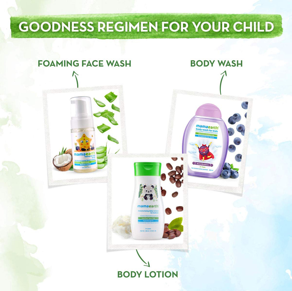 MAMAEARTH Brave Blueberry Kids Body Wash bottle-bubble during bath-time play.