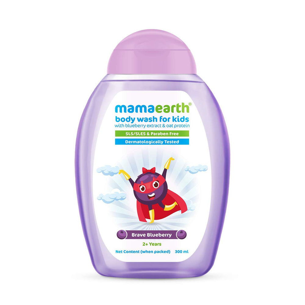 MAMAEARTH Brave Blueberry Kids Body Wash bottle-front showing gentle cleansing for delicate skin.