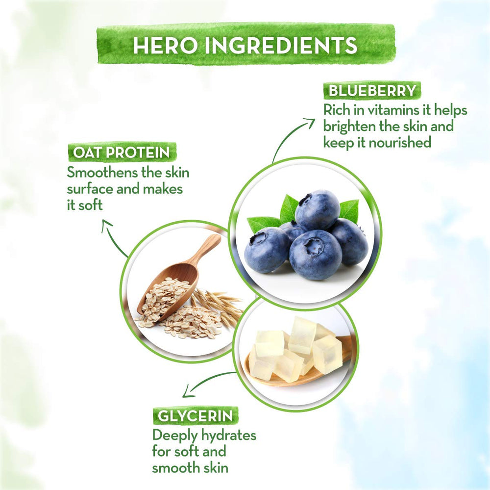 MAMAEARTH Brave Blueberry Kids Body Wash ingredients-closeup featuring blueberry and glycerin.