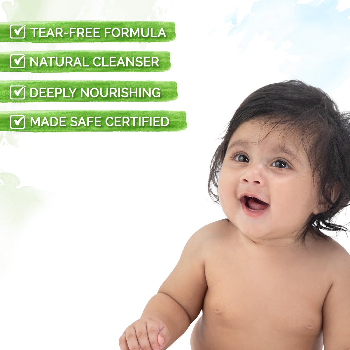 Mamaearth tear-free formula highlights safe bath time for babies.