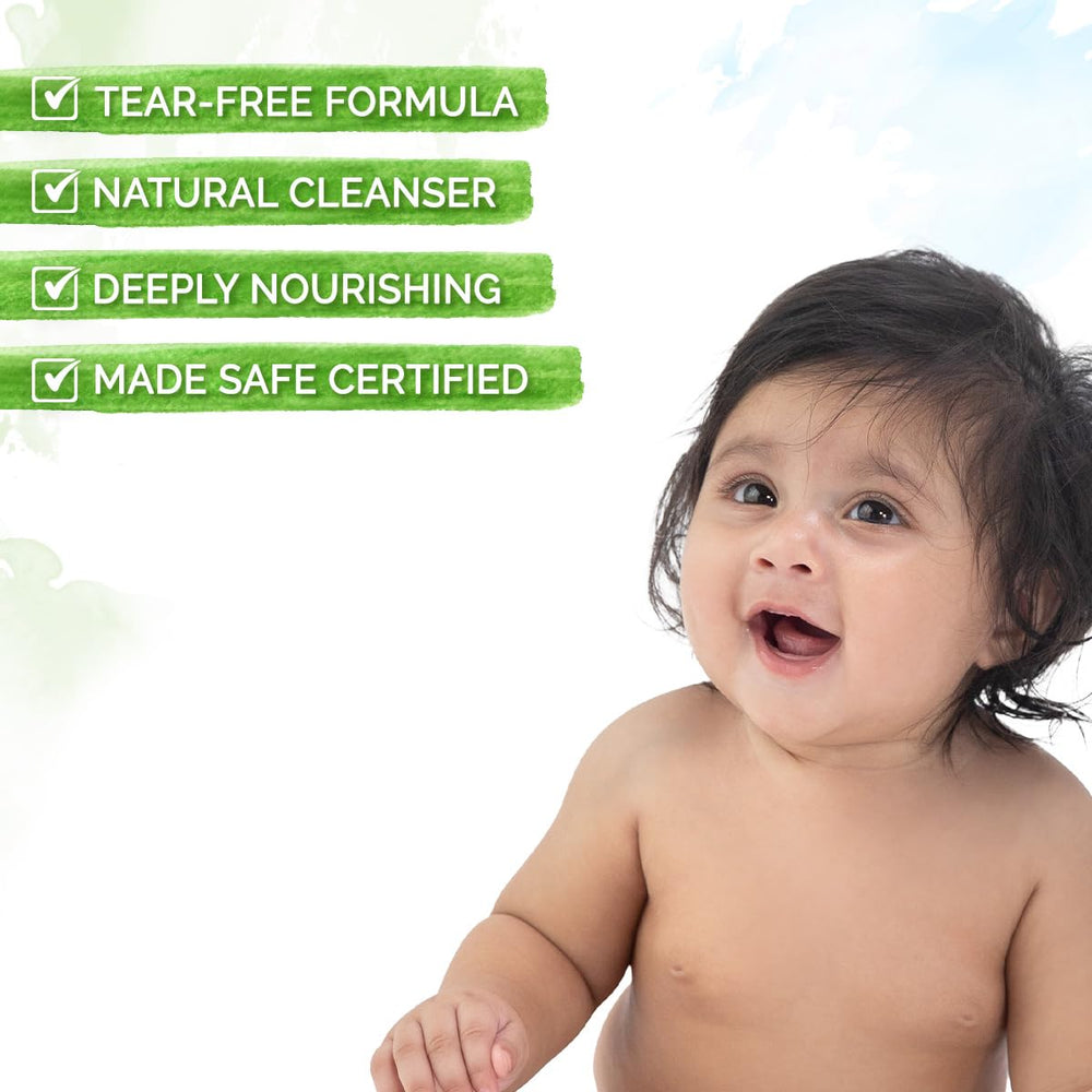Mamaearth tear-free formula highlights safe bath time for babies.