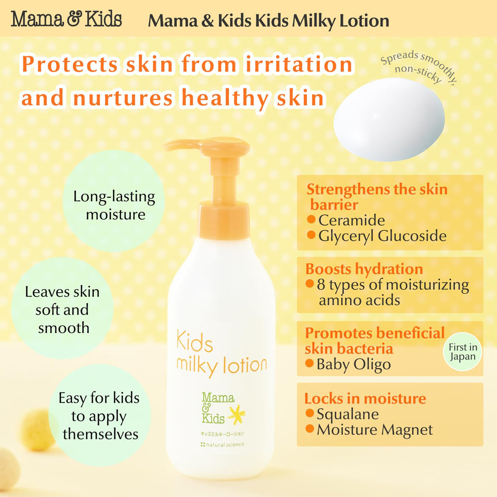Mama&Kids milky lotion lightweight texture close-up for easy, non-sticky use