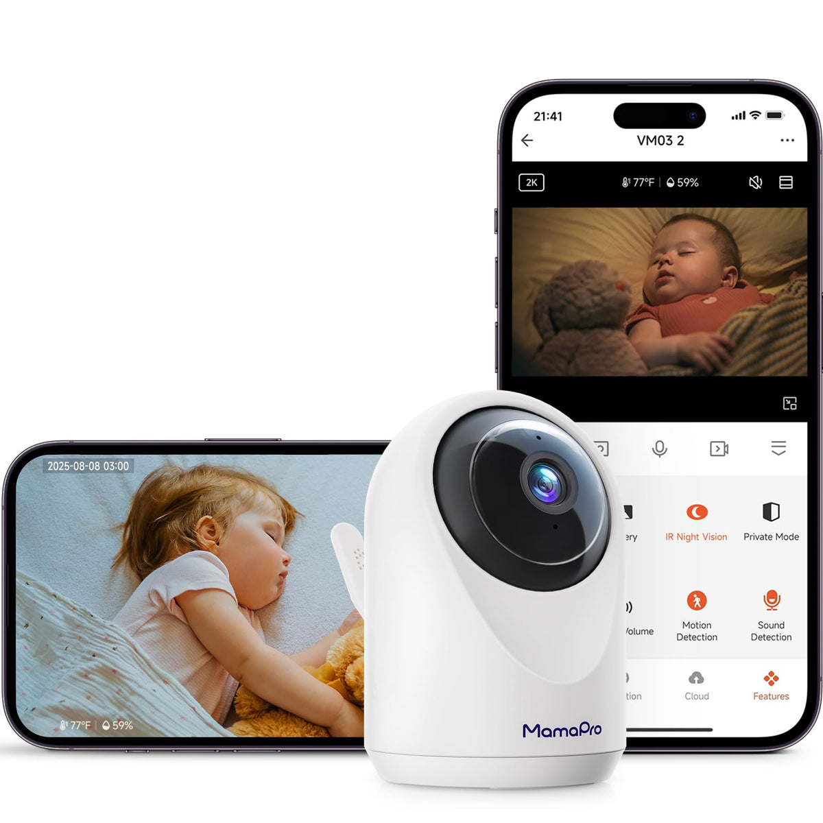 MAMAPRO baby monitor 2K color night vision for clear nighttime checks.