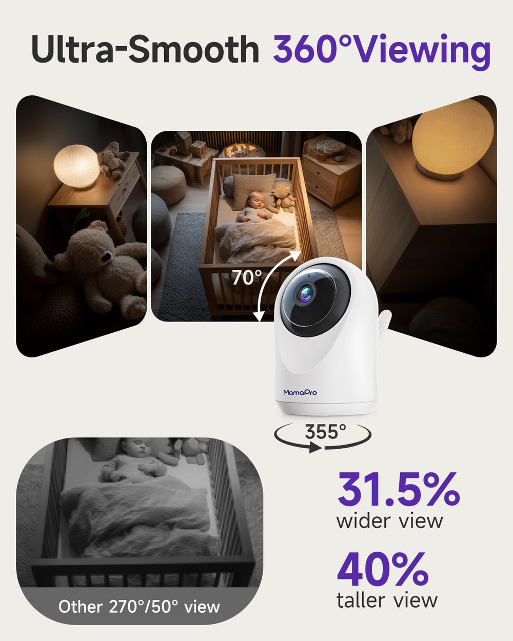 MAMAPRO dual‑way audio with lullabies to soothe from afar.