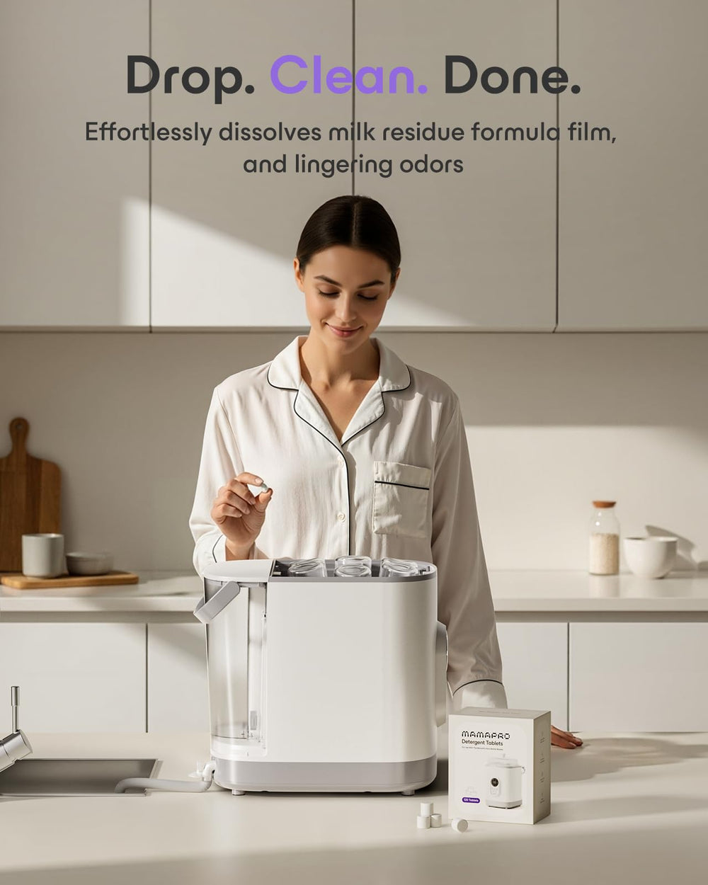 Hands-free cycle with one Mamapro tablet per load.