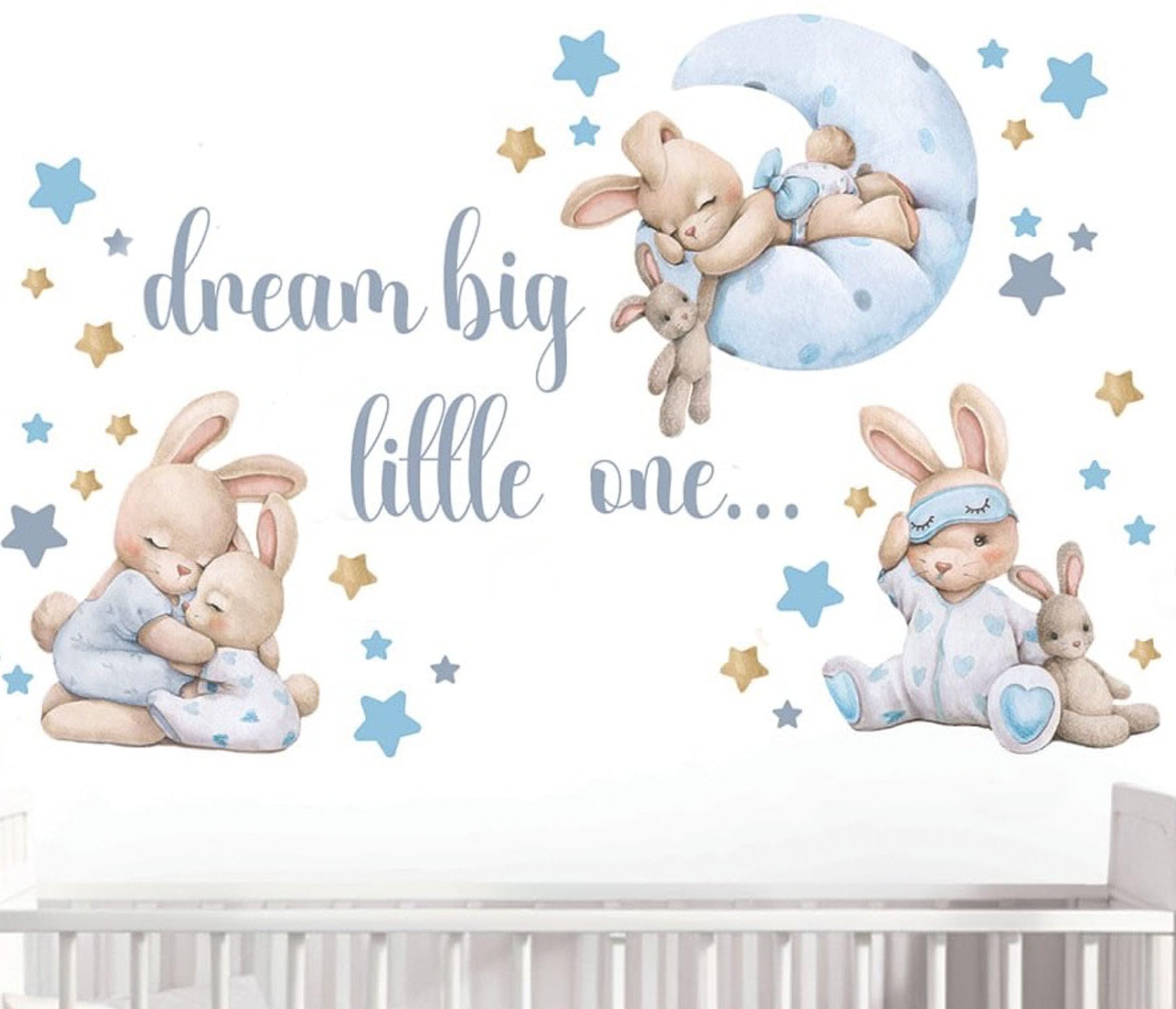 Mamarons Blue Bunny wall decal adds cozy charm to nurseries and playrooms.