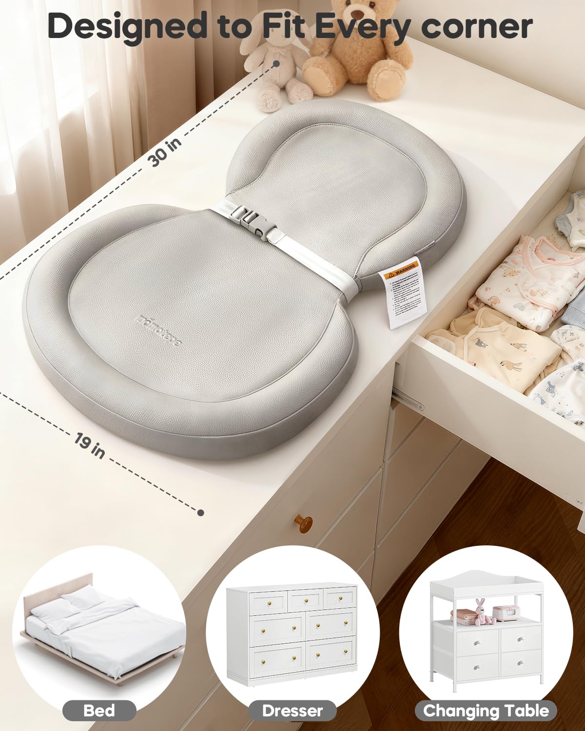 Mamatepe pad fits on dressers and changing tables for versatile use
