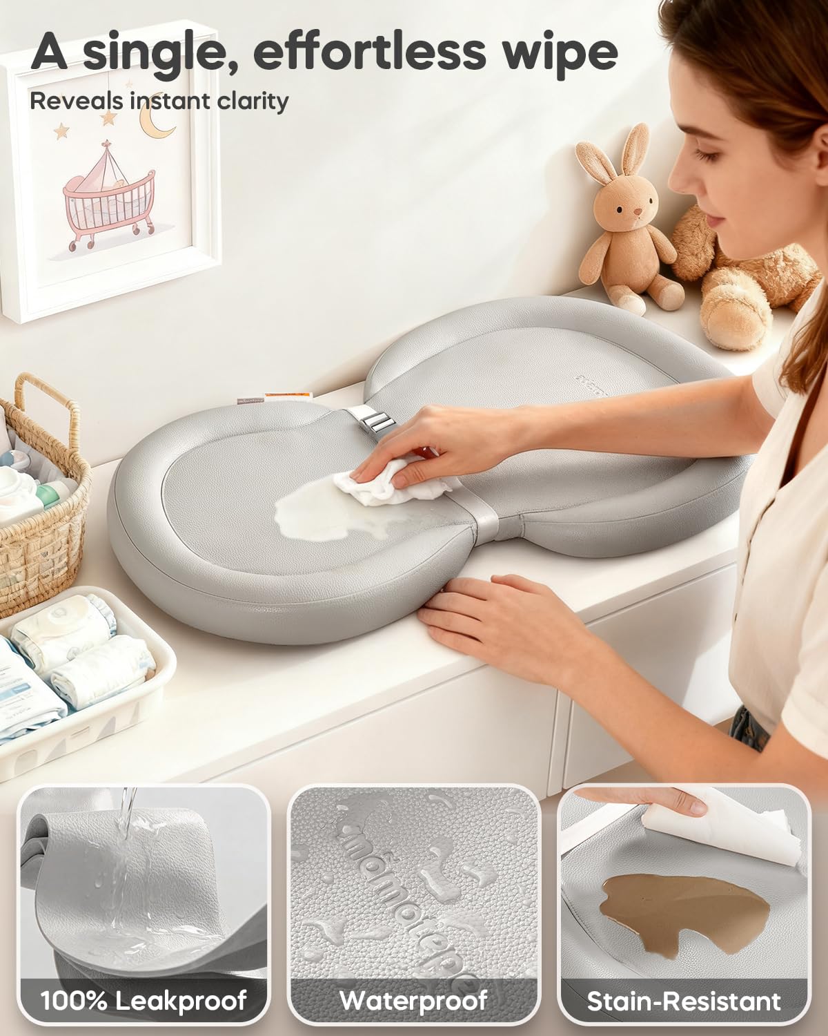 Mamatepe changing pad shows a foldable peanut shape for comfortable diaper changes