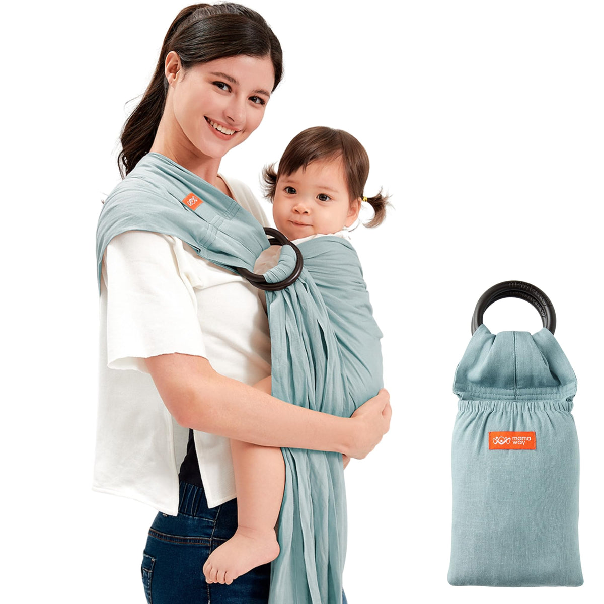 Mamaway blue ring sling in front carry for hands-free daily tasks
