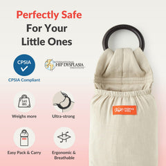 Mamaway sling shows ergonomic hip position for comfortable carry