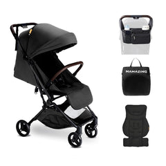 MAMAZING lightweight stroller with carbon frame folds compactly for easy airport storage.