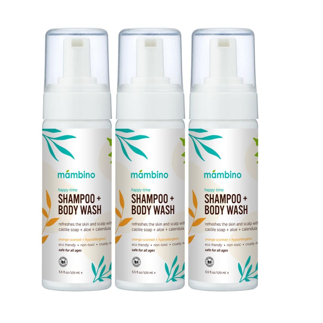 Mambino Organics Happy Time shampoo bottle with calendula and orange, gentle cleanse for sensitive skin.