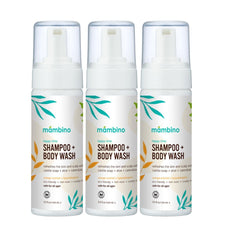 Mambino Organics Happy Time shampoo bottle with calendula and orange, gentle cleanse for sensitive skin.