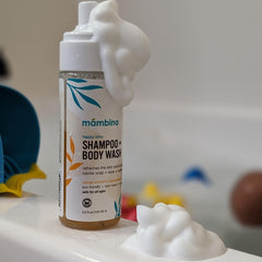 Mambino Organics Happy Time shampoo lather demonstrates kid-friendly, tear-free bath routine.