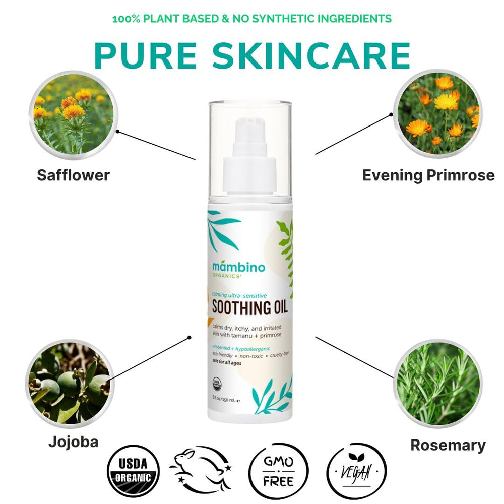 Mambino Organics Soothing Baby Oil with evening primrose to support calm, hydrated skin