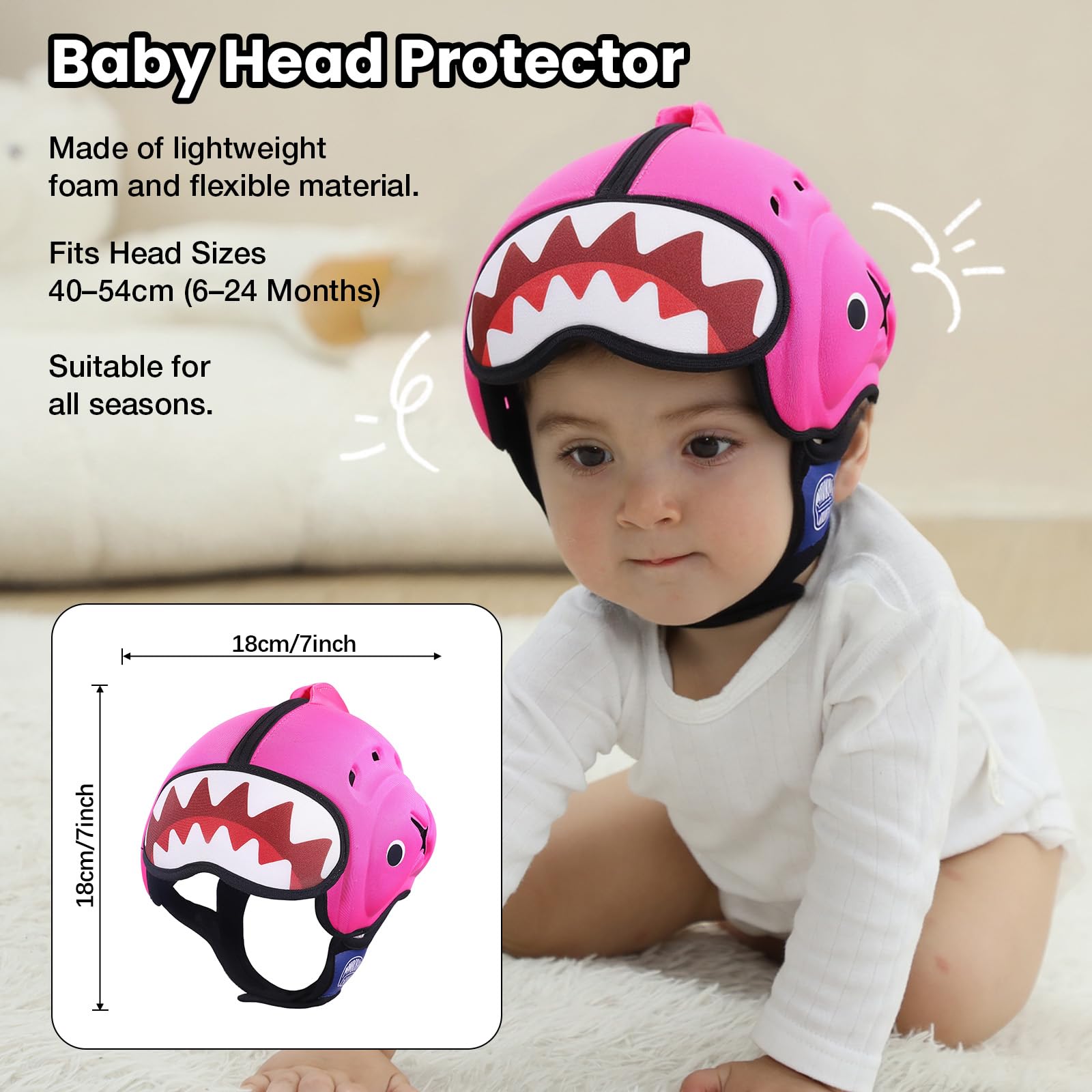 Mambobaby Shark head protector side view highlighting seamless construction for durability.