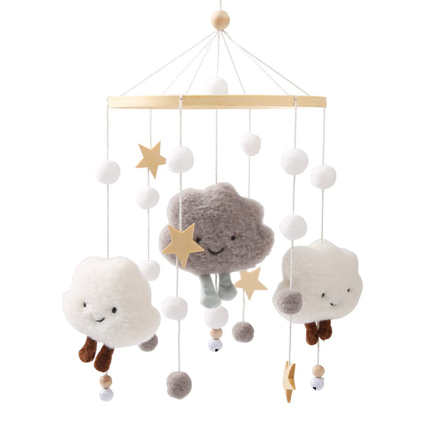 Mamimami Home clouds mobile on wooden hoop promotes calm visual stimulation for soothing babies.