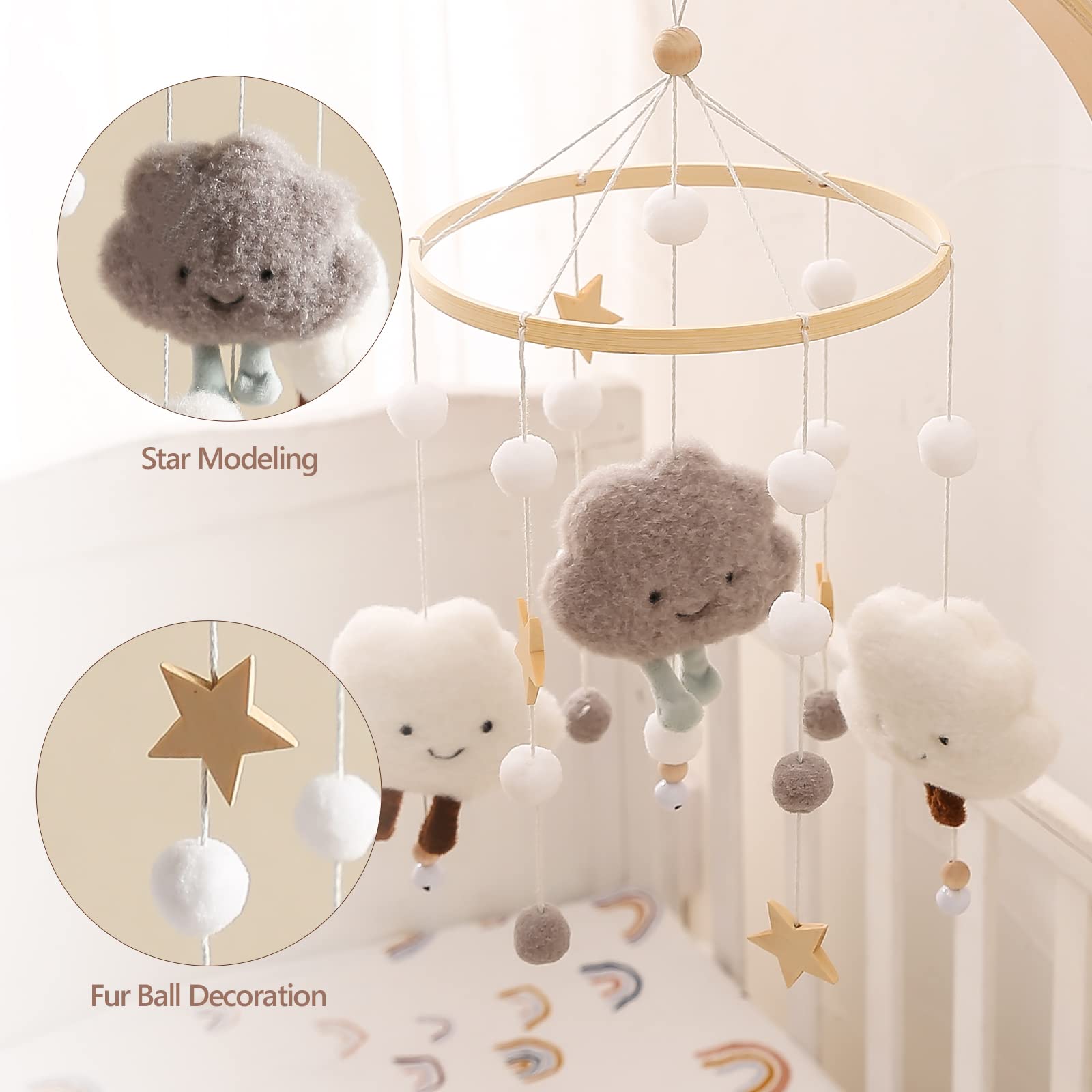 Mamimami Home wool balls and stars mobile adds texture and visual contrast for early development.