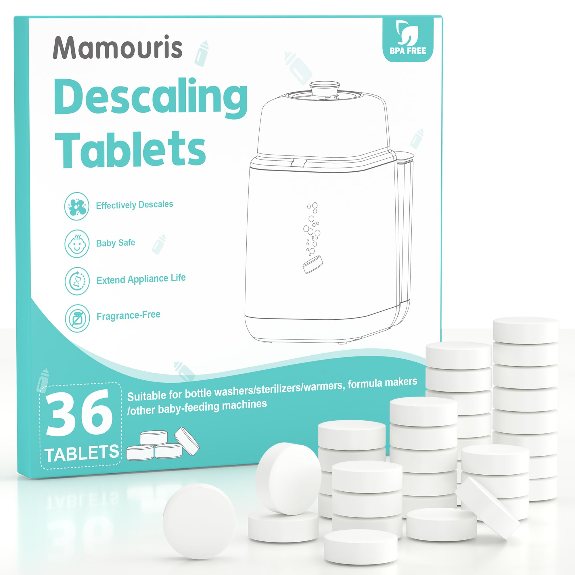 Mamouris descaling tablets 36-count package for fast, residue-free maintenance of bottle washers.