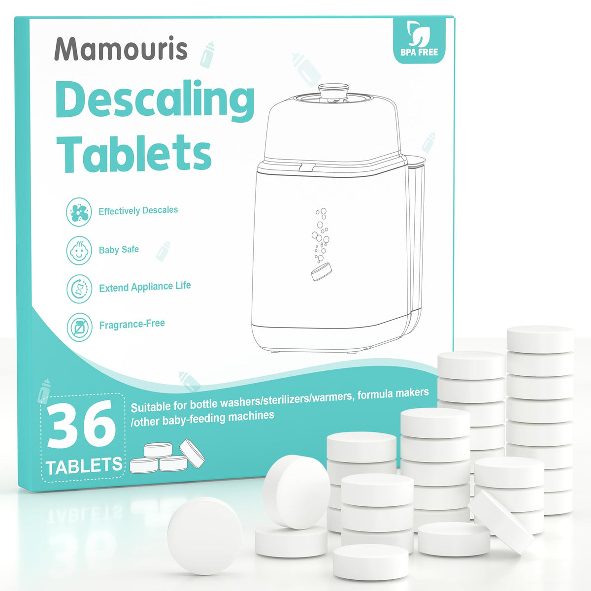 Mamouris descaling tablets 36-count package for fast, residue-free maintenance of bottle washers.