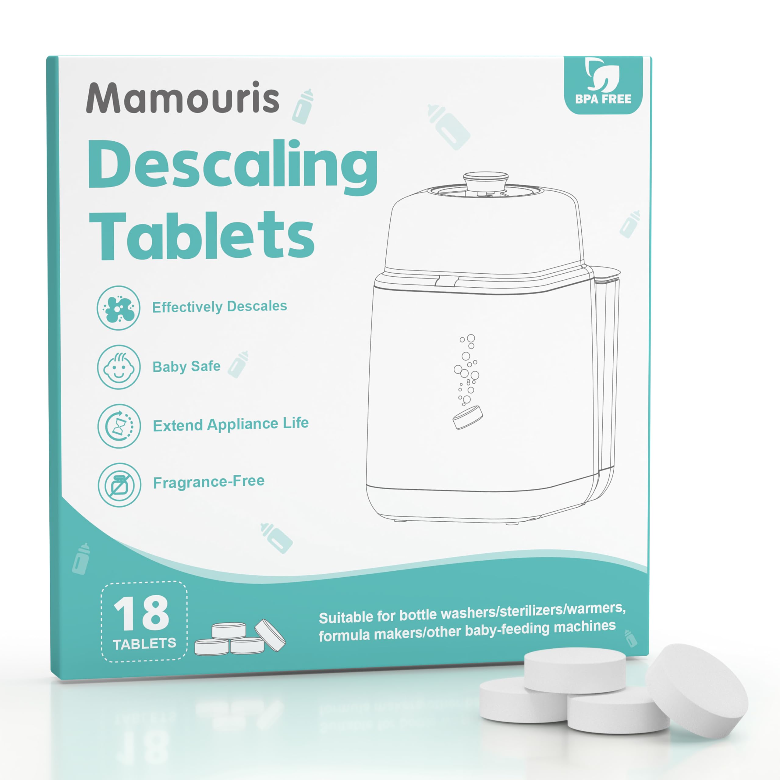 Mamouris descaling tablets demonstrating compatibility with Baby Brezza bottle washers for mineral buildup removal.
