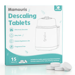 Mamouris descaling tablets packaging front shows fragrance-free formula for baby appliances.