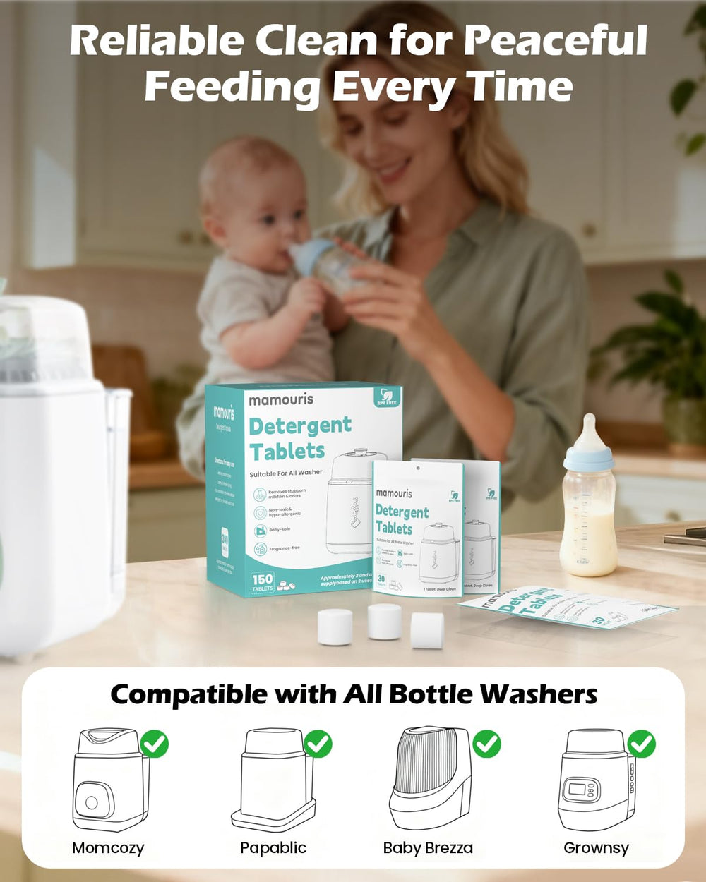 Mamouris tablets dissolving in water for bottle washer cleaning