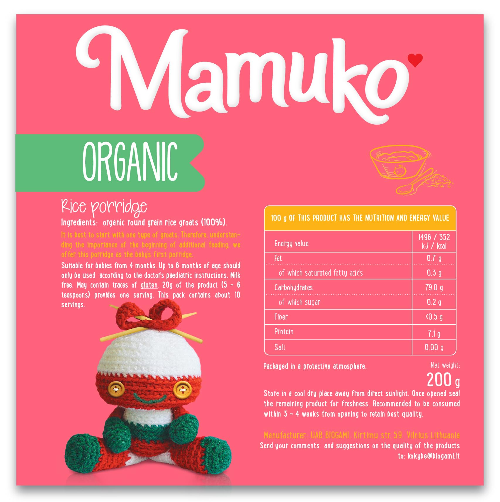 Mamuko Rice Porridge ingredients organic highlight clean, natural grains