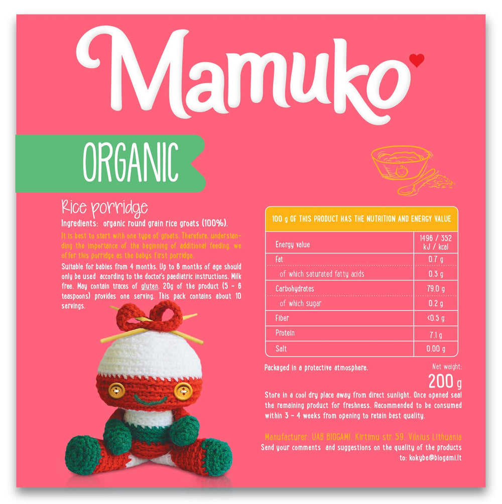 Mamuko Rice Porridge ingredients organic highlight clean, natural grains