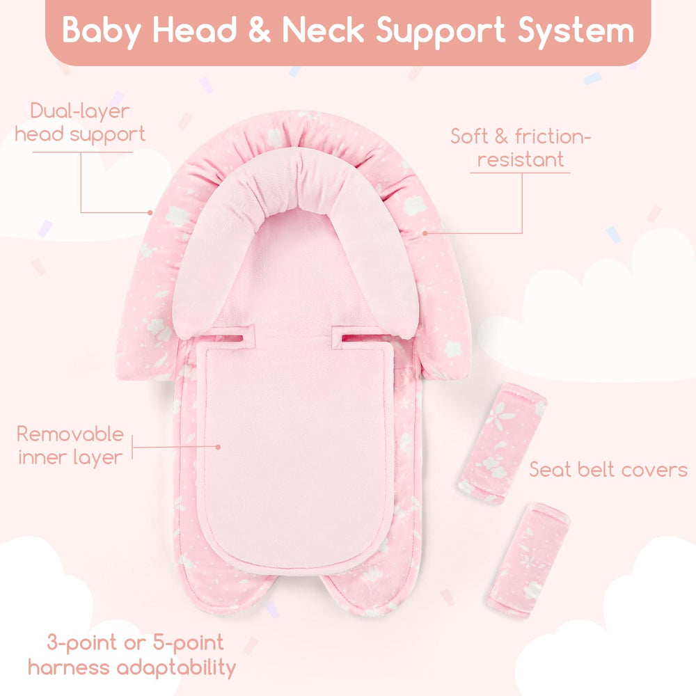 Man Fai Sky head neck support in pink keeps newborn heads aligned on the go.