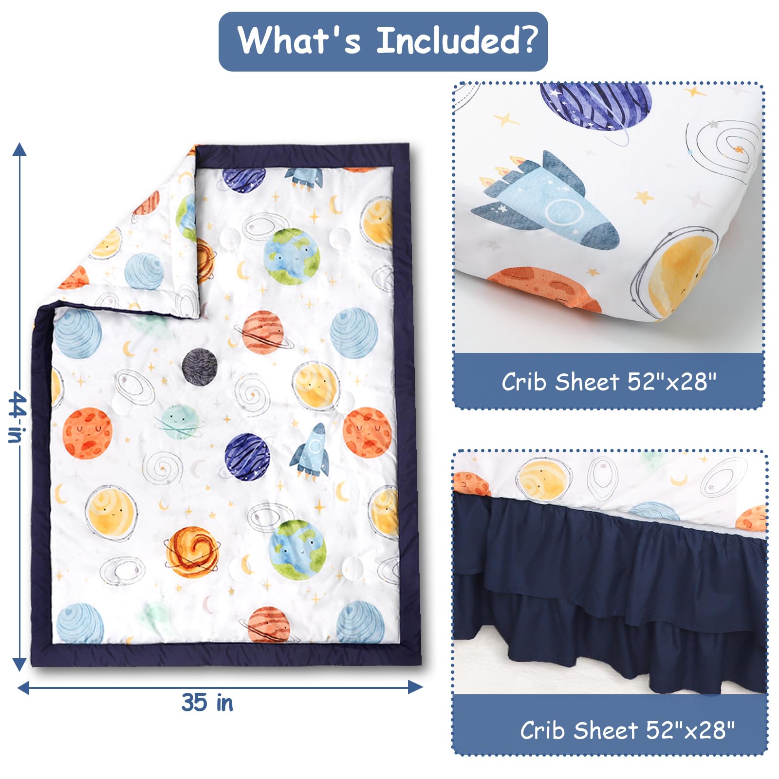 Man Fai Sky Planets crib skirt adds tidy nursery framing