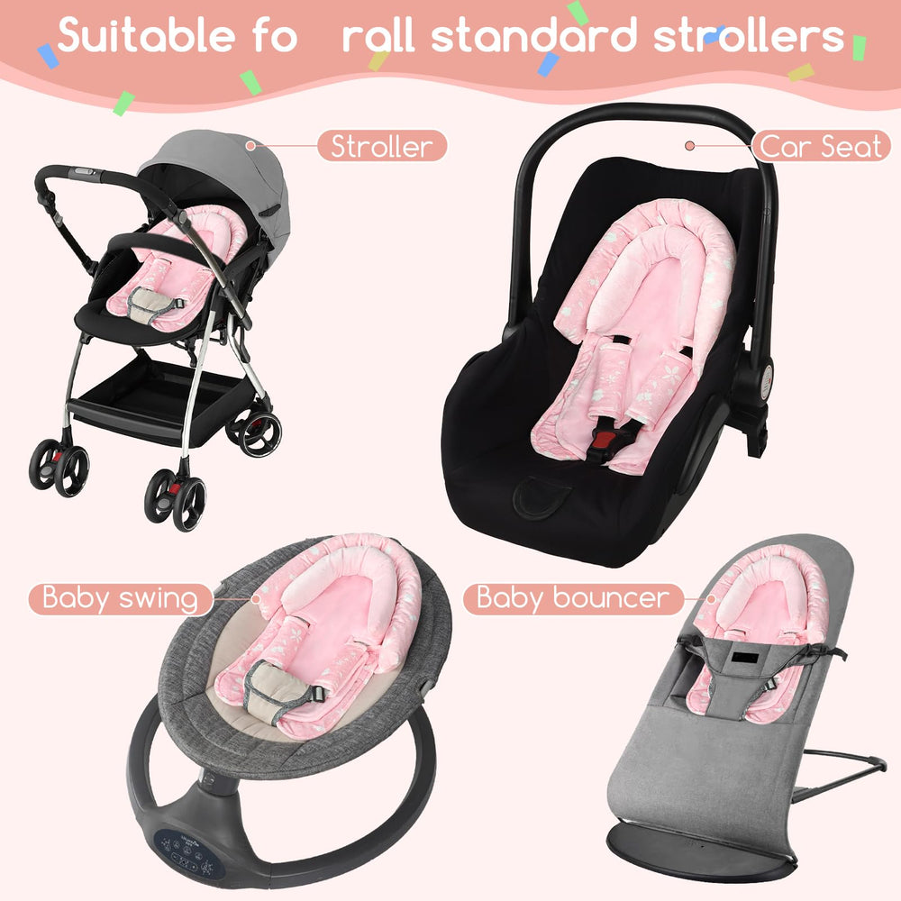 Man Fai Sky strap cover in pink reduces harness friction for baby comfort.