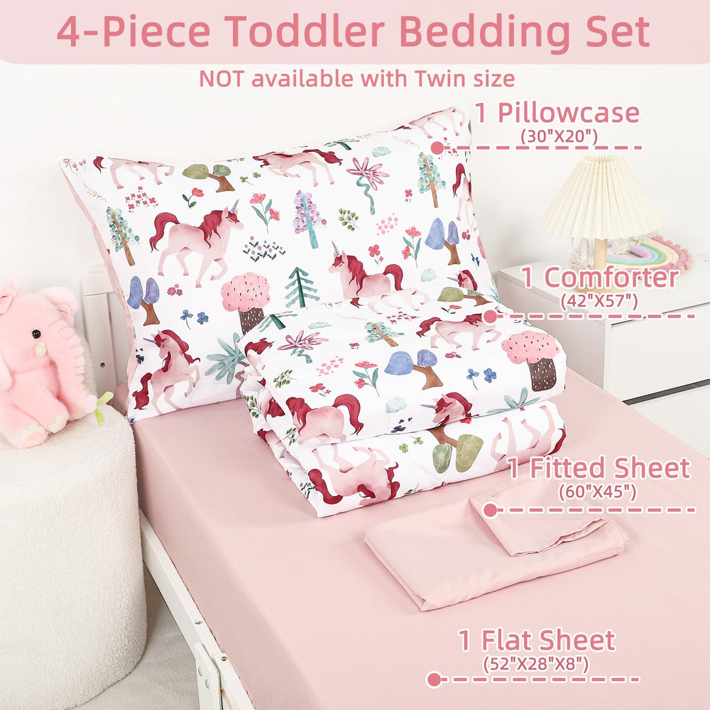 Man Fai Sky forest fitted sheet stays snug on a toddler bed.