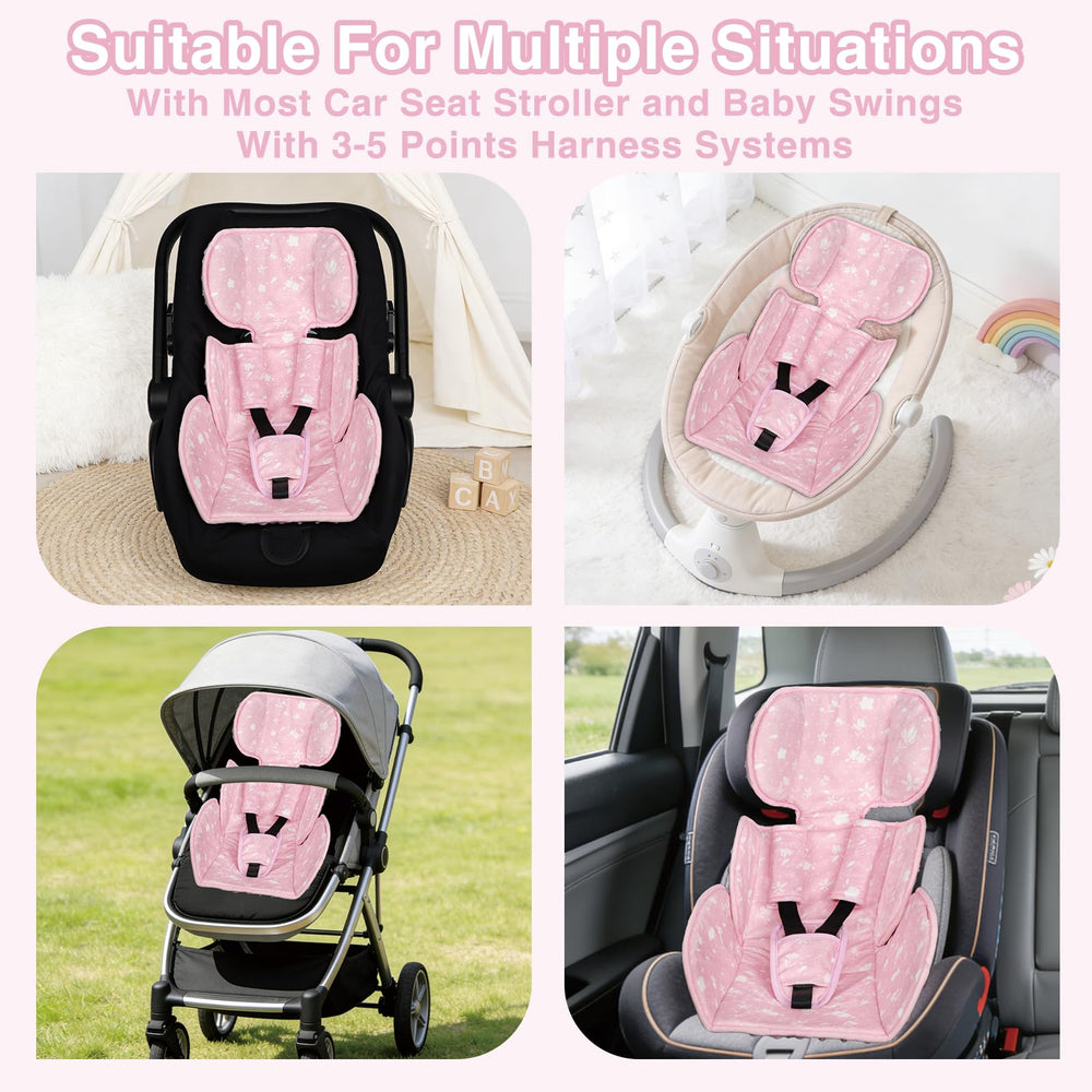 Universal compatibility of Man Fai Sky insert with car seats, strollers, swings, and bouncers.