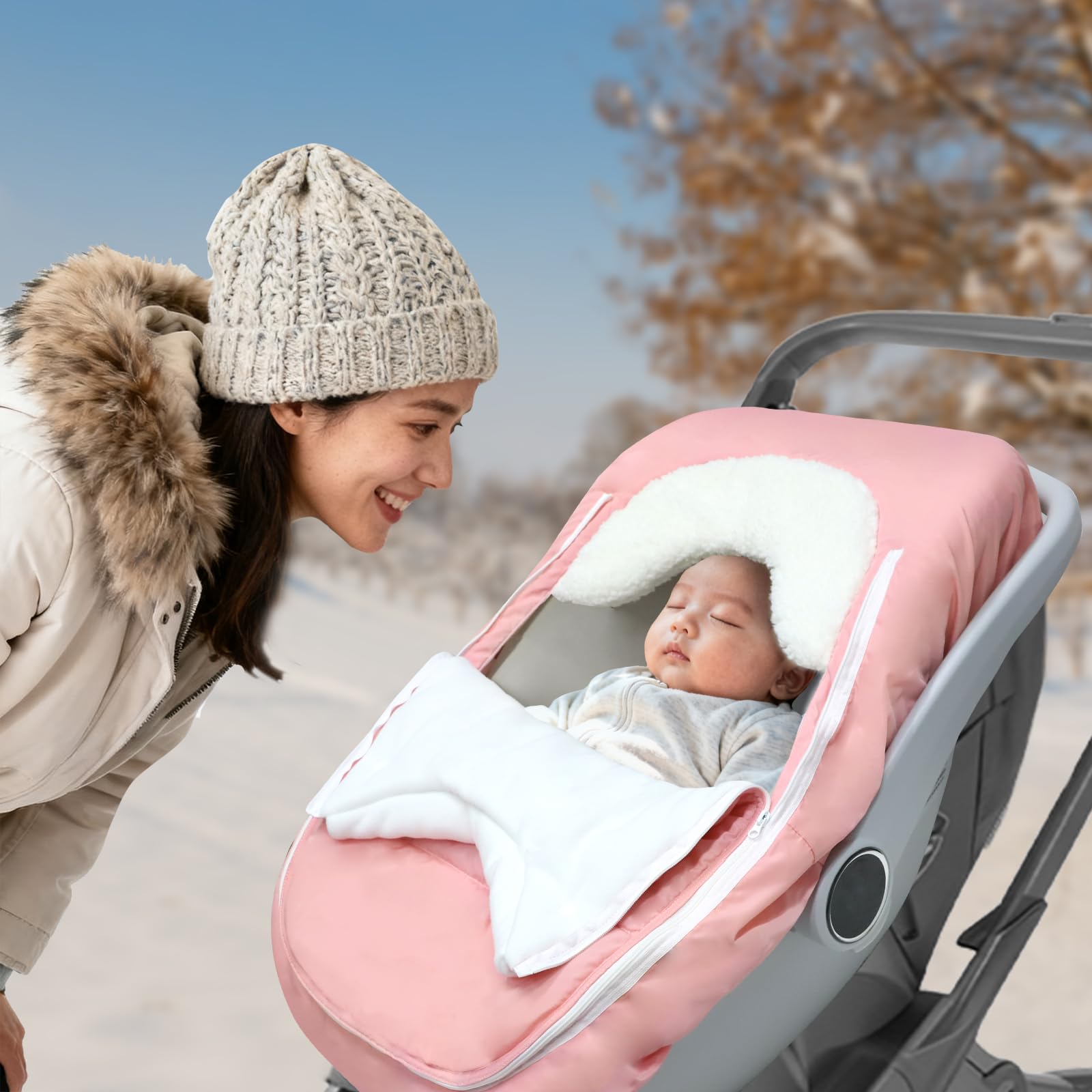 Man Fai Sky waterproof fleece interior keeps baby warm after rainy trips.