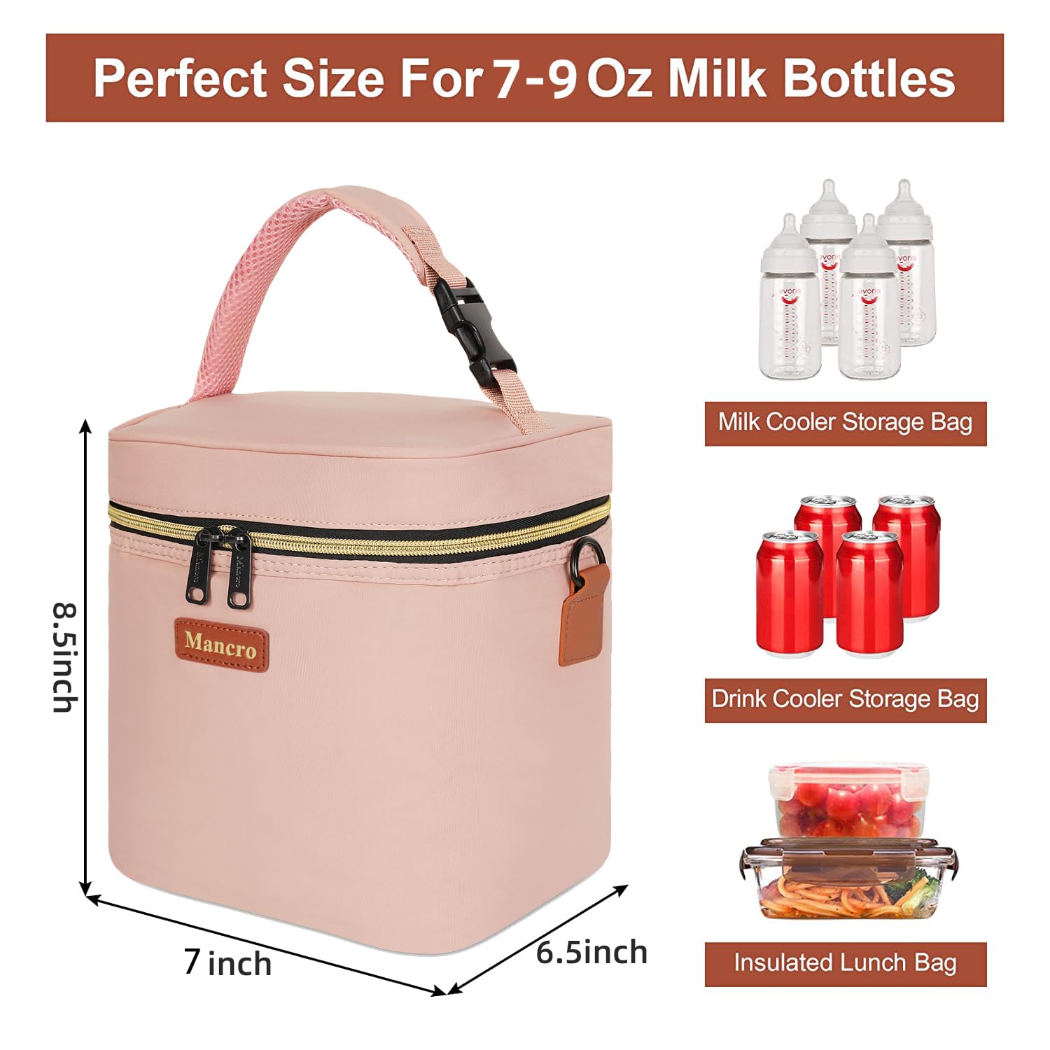 Mancro bag with ice pack maintains temperature for four 9-ounce bottles.