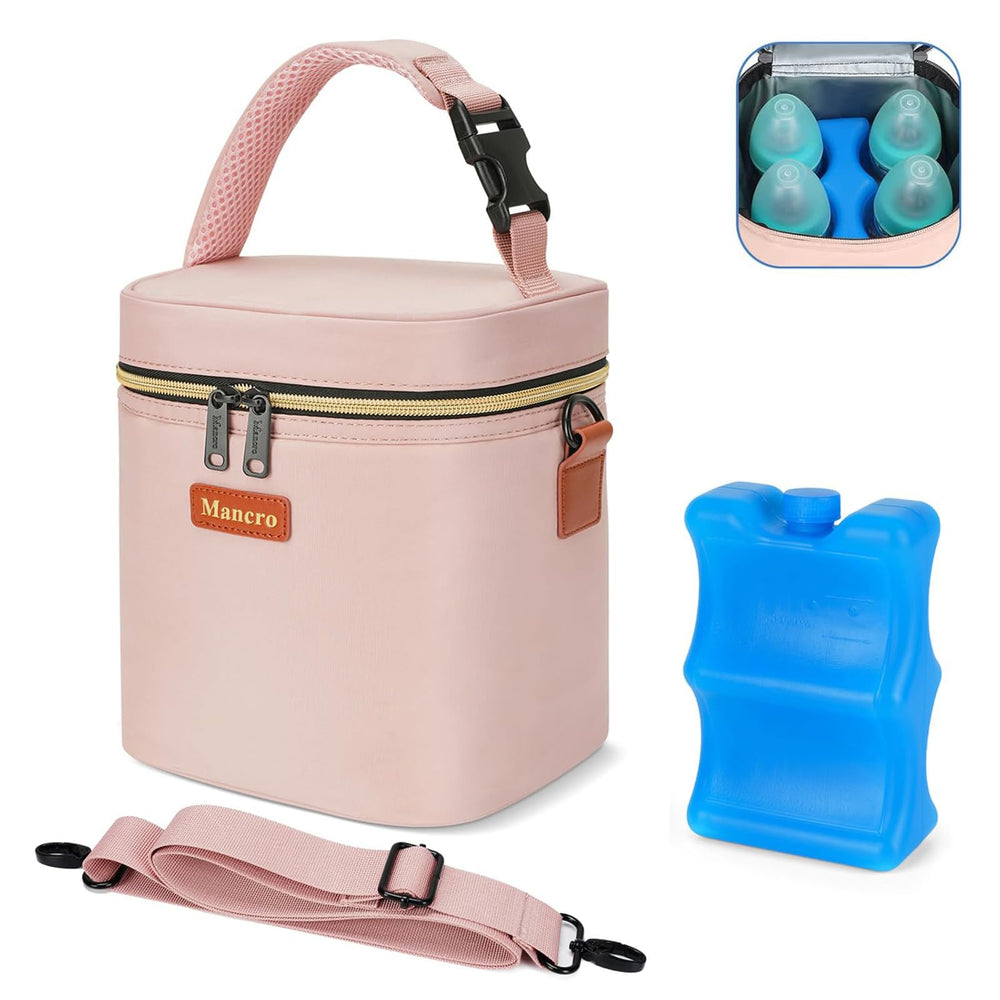 Mancro baby bottle bag with insulated interior keeps bottles cool during outings.