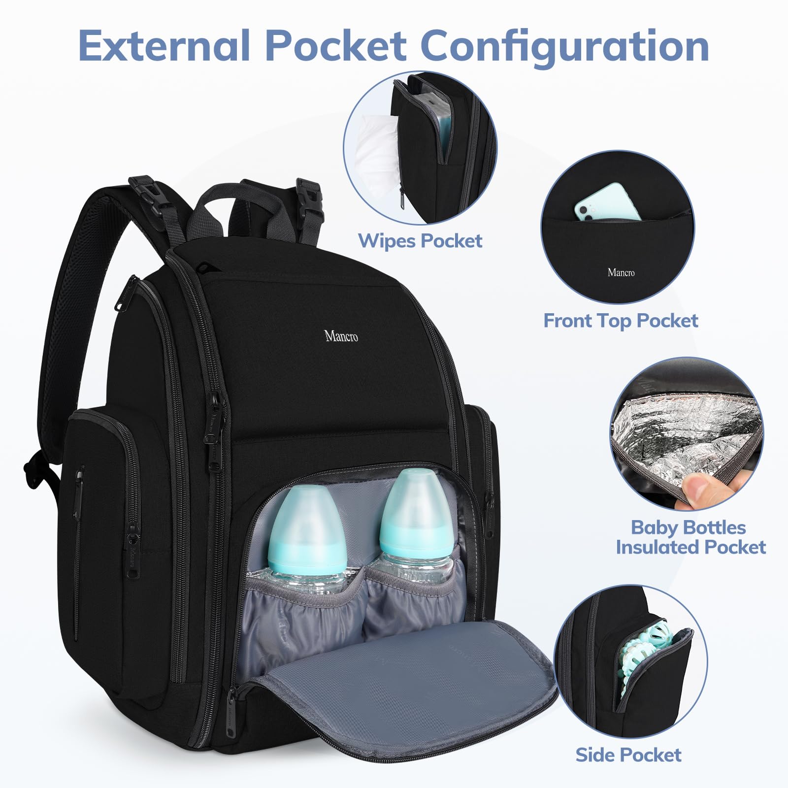 Mancro diaper bag front pockets offer fast access to must-haves
