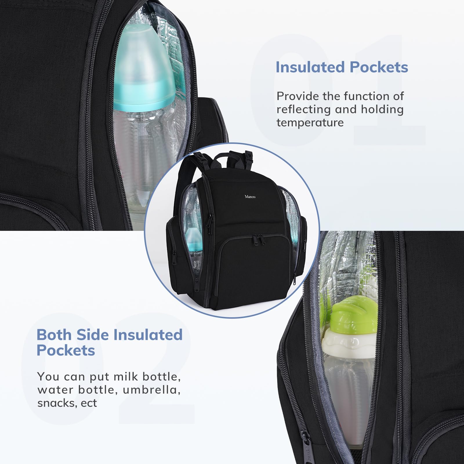 Mancro bag side pockets provide quick access to bottles and drinks