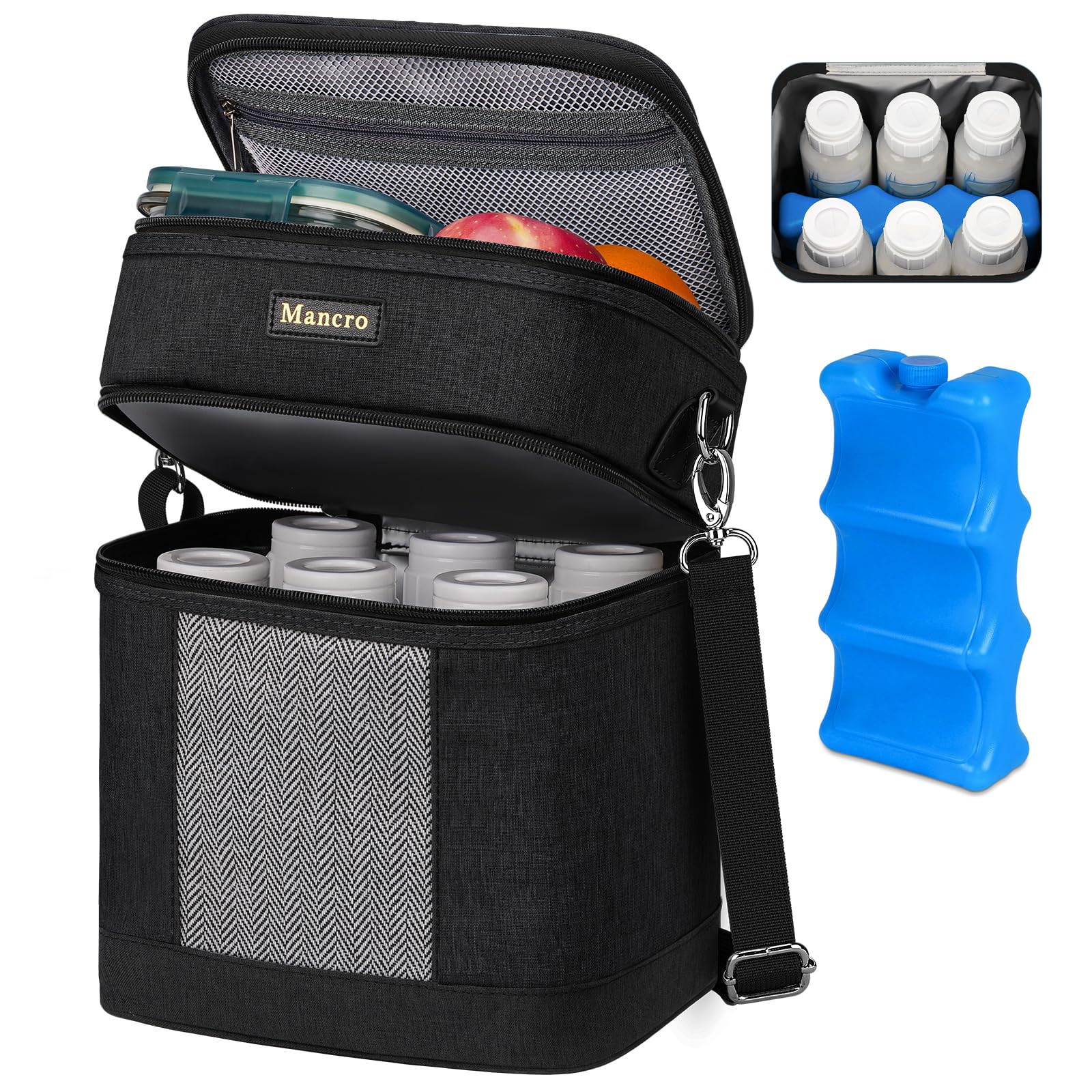 Mancro breast milk cooler bag holds six bottles for daycare on the go.